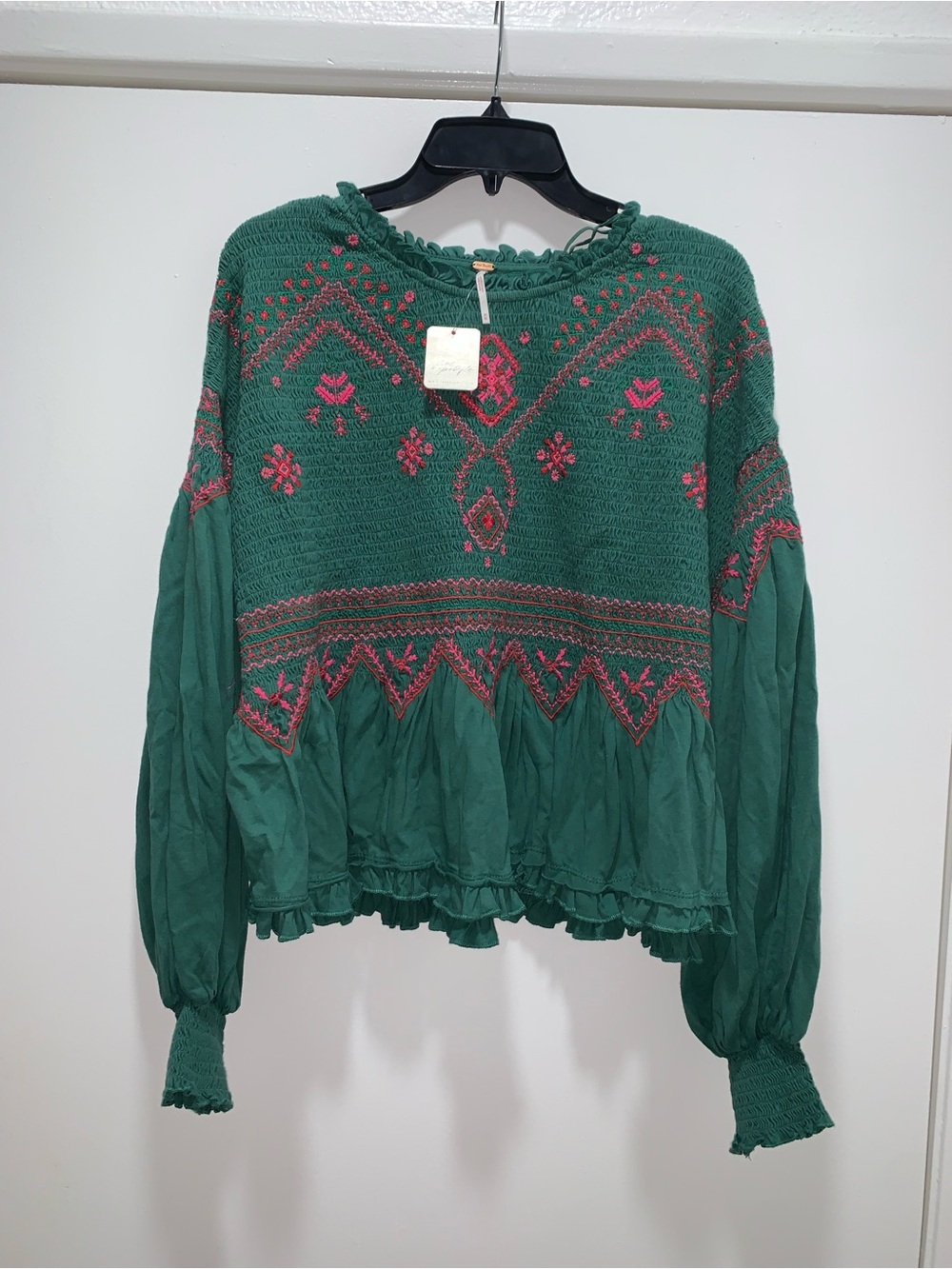 Free People Emerald Green Embroidered Peasant Top
